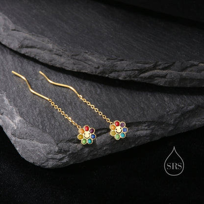 Enamel Smiling Flower Threader Earrings in Sterling Silver,  Silver Rainbow Flower Earrings, Multi Colour Flower Spiral Ear Threaders