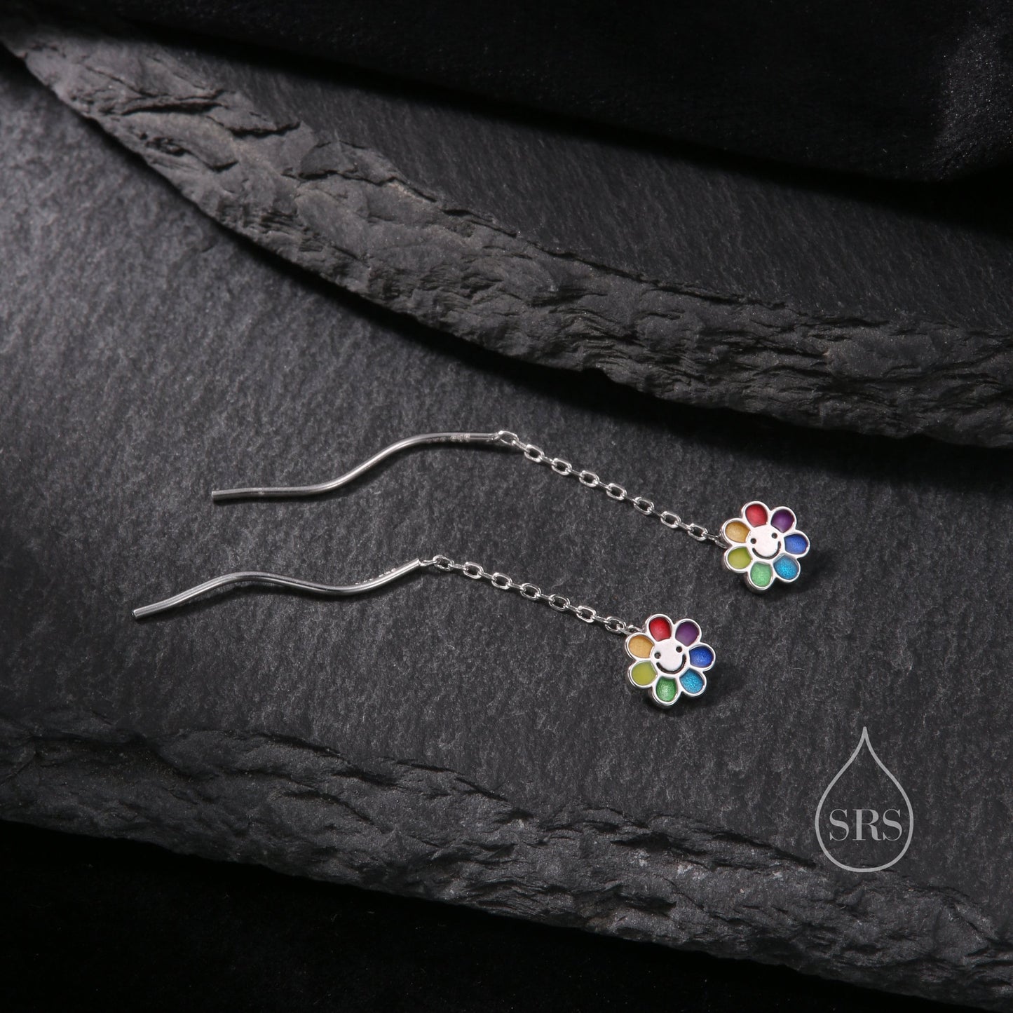 Enamel Smiling Flower Threader Earrings in Sterling Silver,  Silver Rainbow Flower Earrings, Multi Colour Flower Spiral Ear Threaders