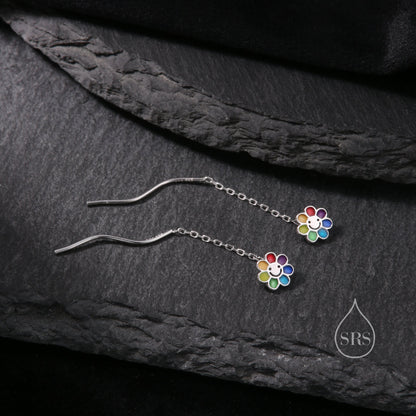 Enamel Smiling Flower Threader Earrings in Sterling Silver,  Silver Rainbow Flower Earrings, Multi Colour Flower Spiral Ear Threaders