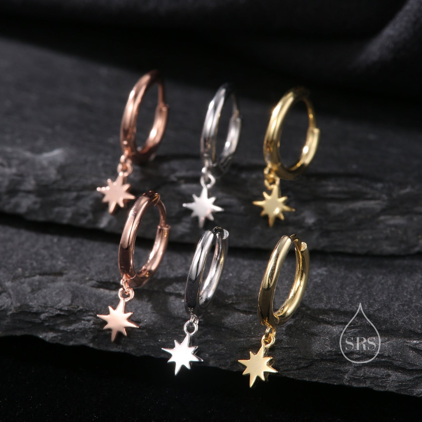 Minimal and Tiny Starburst Huggie Hoop Earrings in Sterling Silver, Silver, Gold or Rose Gold, North Star Earrings, Sunburst Earrings