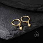 Minimal and Tiny Starburst Huggie Hoop Earrings in Sterling Silver, Silver, Gold or Rose Gold, North Star Earrings, Sunburst Earrings