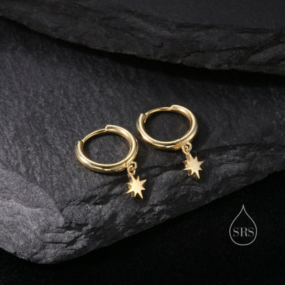 Minimal and Tiny Starburst Huggie Hoop Earrings in Sterling Silver, Silver, Gold or Rose Gold, North Star Earrings, Sunburst Earrings