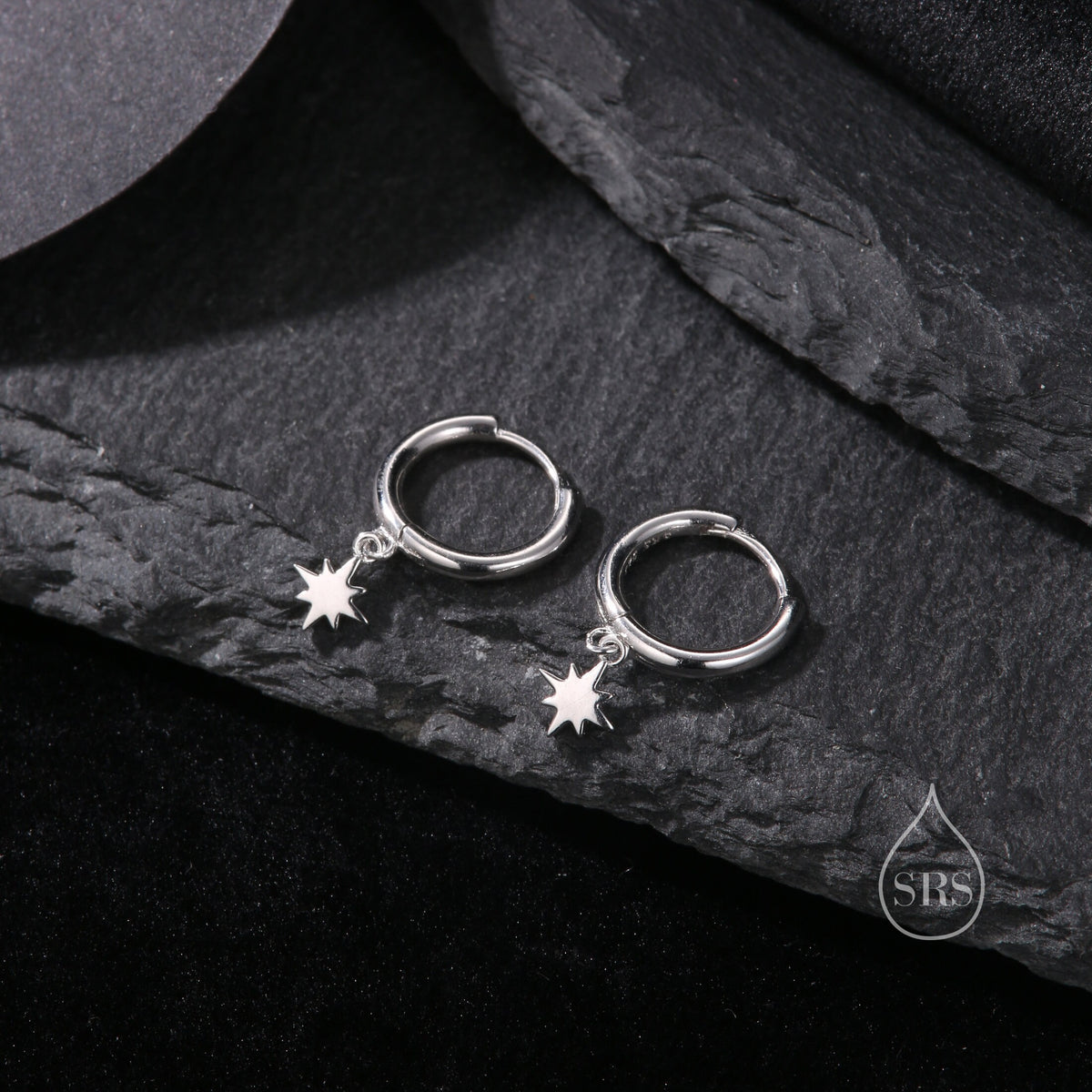 Minimal and Tiny Starburst Huggie Hoop Earrings in Sterling Silver, Silver, Gold or Rose Gold, North Star Earrings, Sunburst Earrings