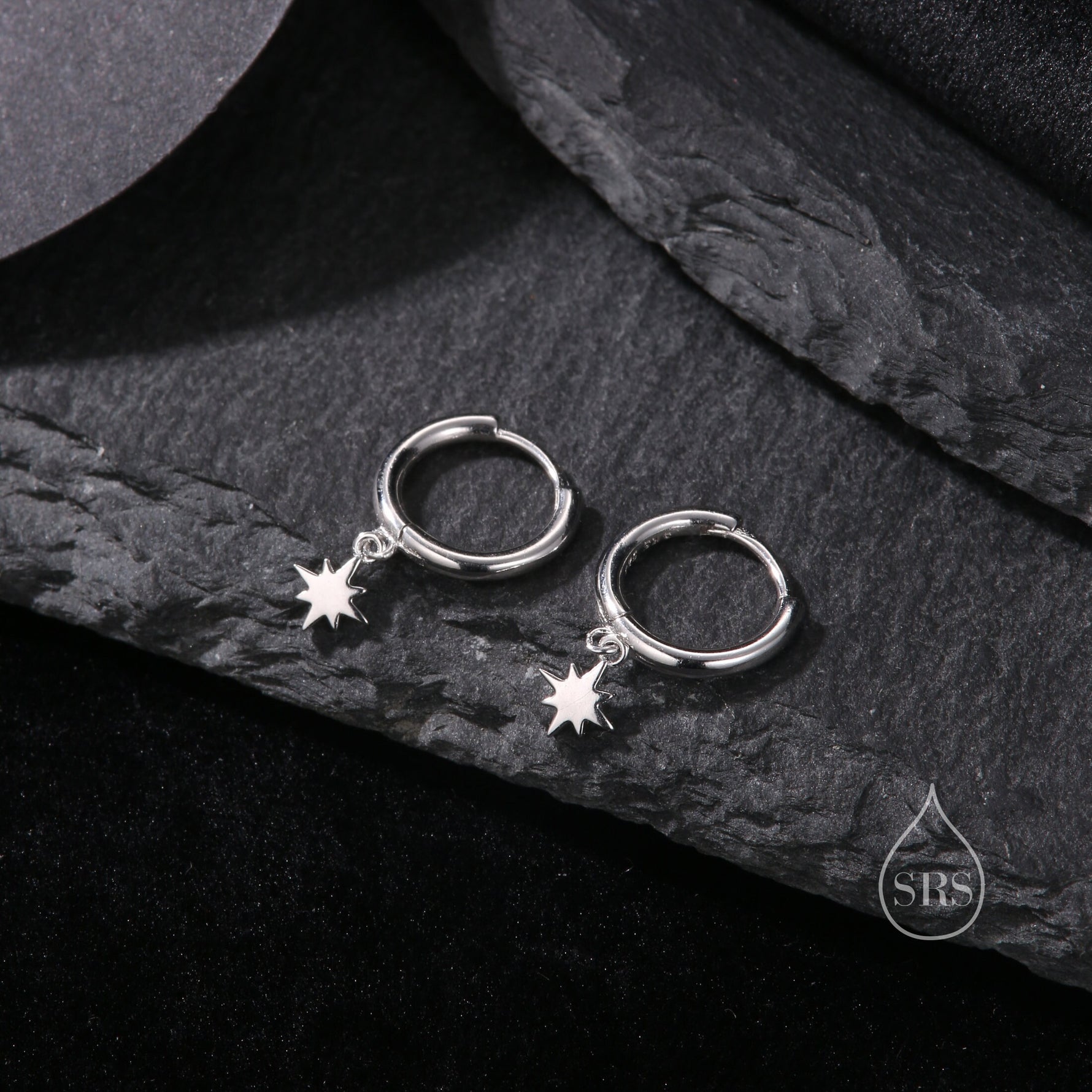 Minimal and Tiny Starburst Huggie Hoop Earrings in Sterling Silver, Silver, Gold or Rose Gold, North Star Earrings, Sunburst Earrings
