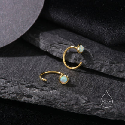 Minimalist Aqua Green Opal Huggie Hoop Threader Earrings in Sterling Silver, Gold or Silver, Pull Through Open Hoop Earrings