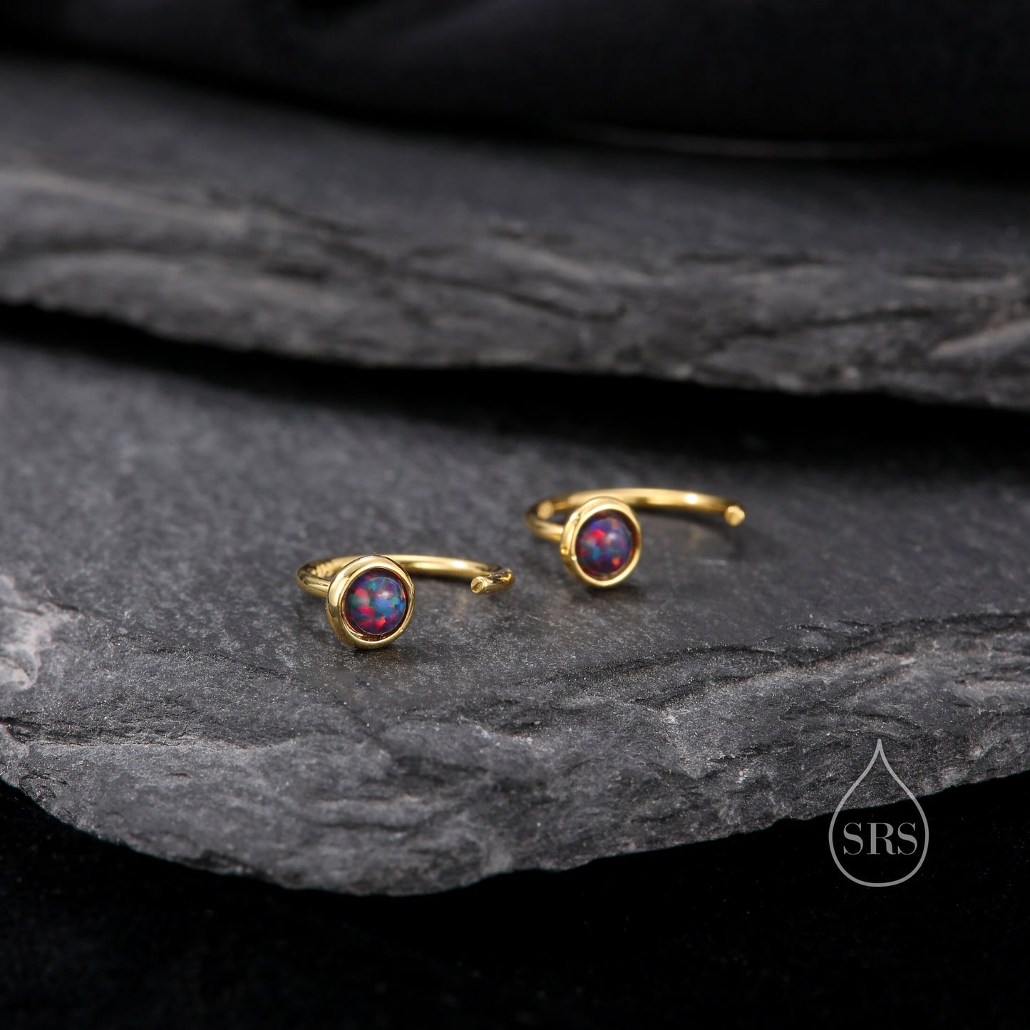 Minimalist Black Opal Huggie Hoop Threader Earrings in Sterling Silver, Gold or Silver, Pull Through Open Hoop Earrings