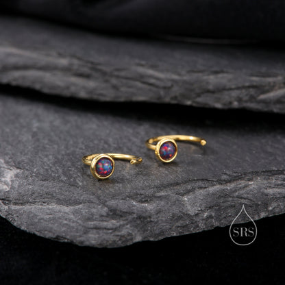 Minimalist Black Opal Huggie Hoop Threader Earrings in Sterling Silver, Gold or Silver, Pull Through Open Hoop Earrings