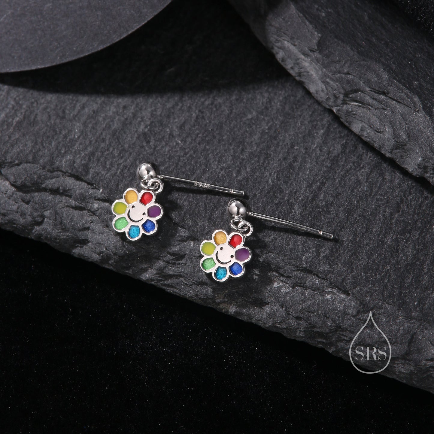 Enamel Smiling Flower Drop Stud Earrings in Sterling Silver, Silver, Gold or Rose Gold,  Silver Rainbow Flower Earrings,