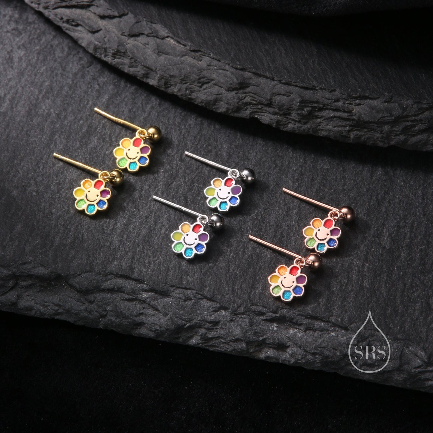 Enamel Smiling Flower Drop Stud Earrings in Sterling Silver, Silver, Gold or Rose Gold,  Silver Rainbow Flower Earrings,