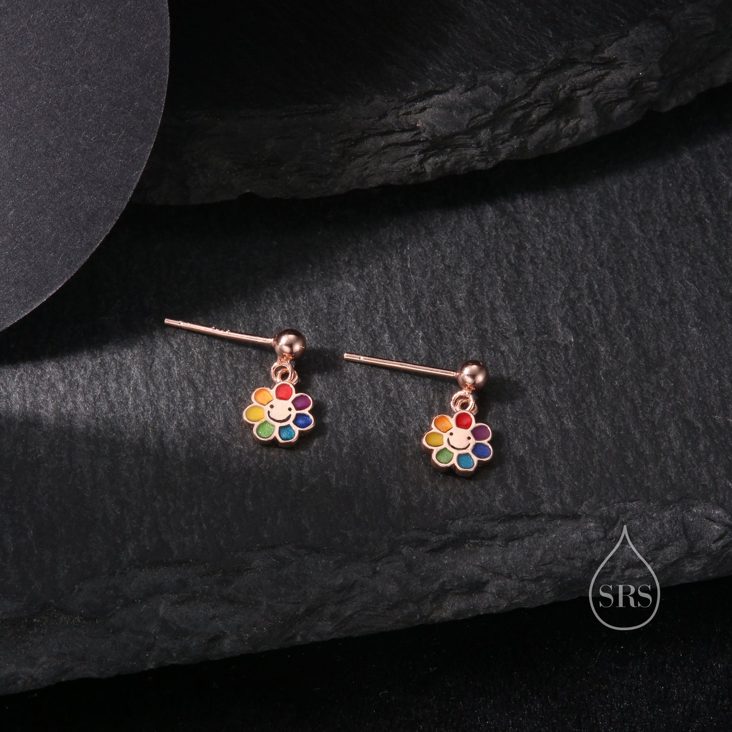 Enamel Smiling Flower Drop Stud Earrings in Sterling Silver, Silver, Gold or Rose Gold,  Silver Rainbow Flower Earrings,