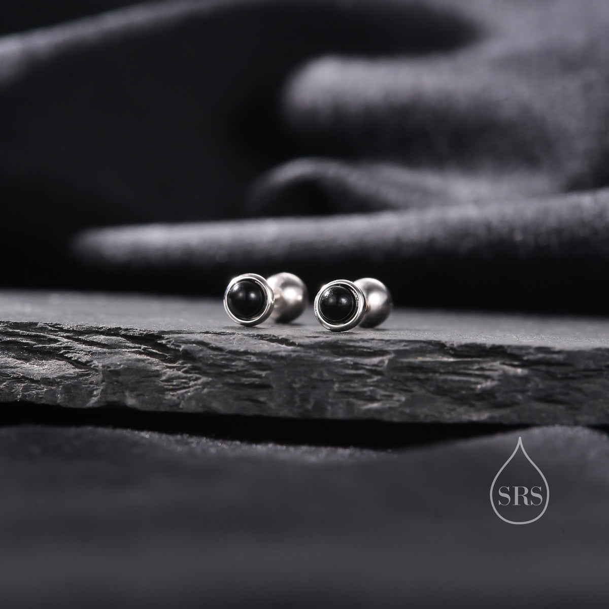 Genuine Black Onyx Screw Back Earrings in Sterling Silver, Natural Black Onyx Stud, Semi-Precious Onyx Screw Back Earrings