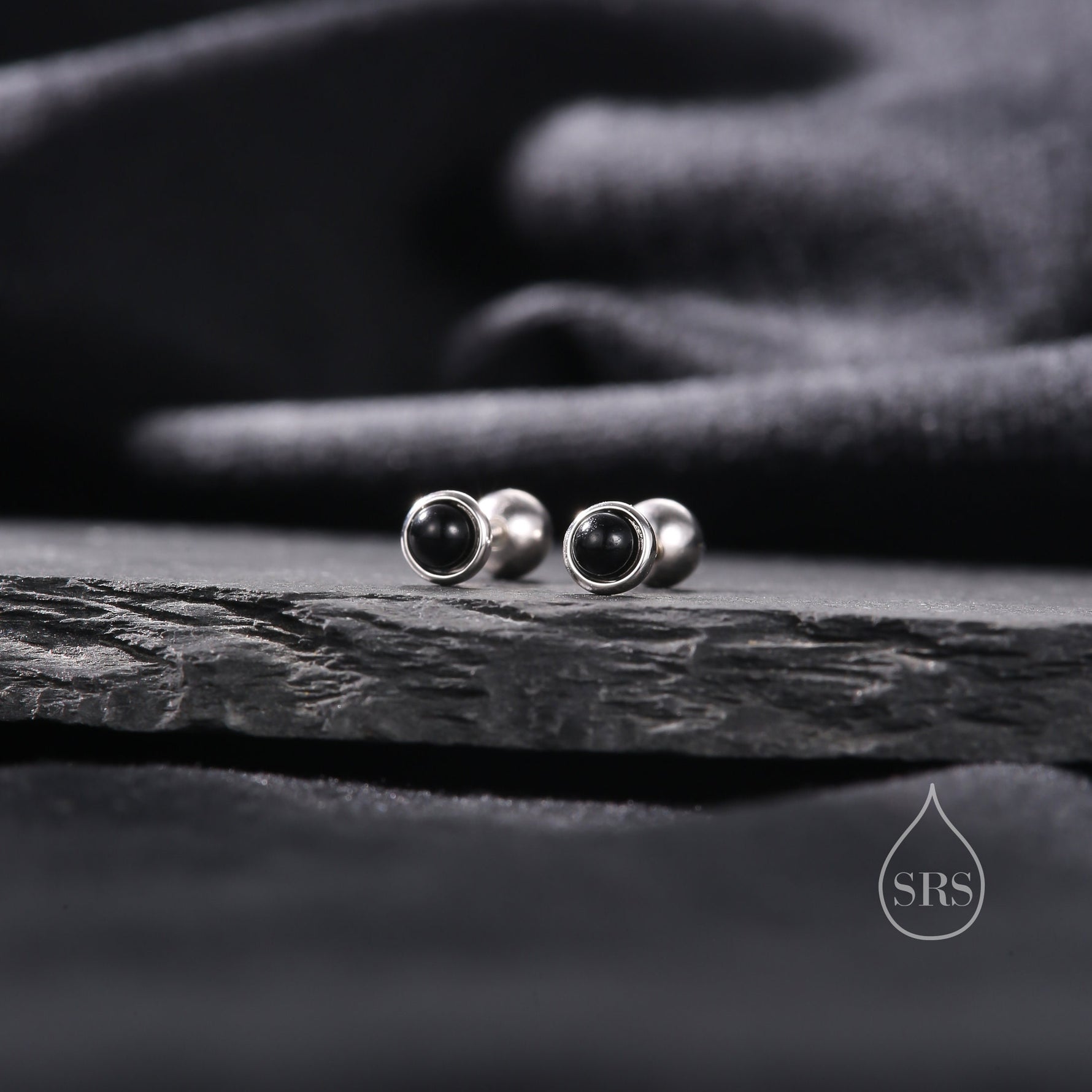 Genuine Black Onyx Screw Back Earrings in Sterling Silver, Natural Black Onyx Stud, Semi-Precious Onyx Screw Back Earrings