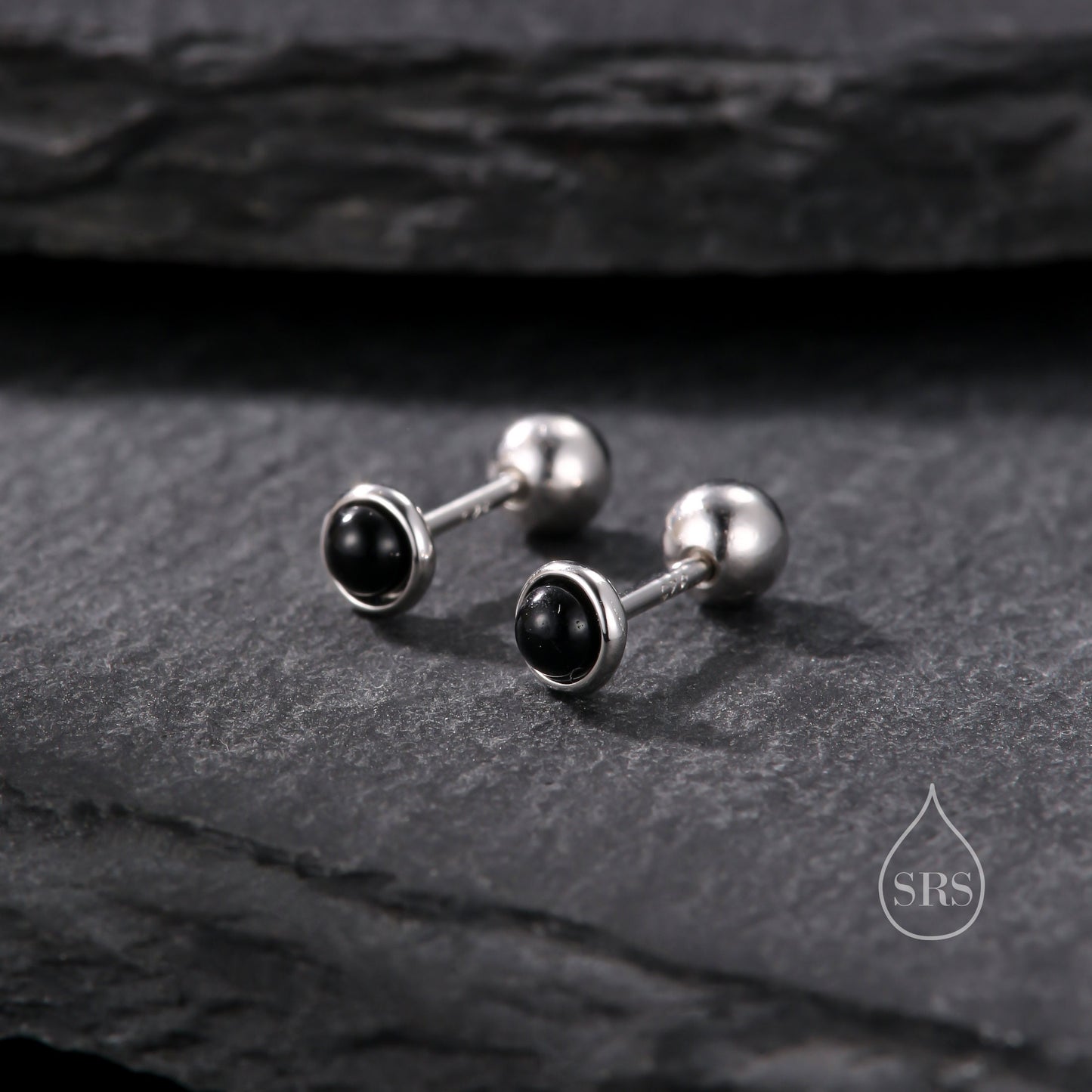 Genuine Black Onyx Internally Threaded Flat Back/ Screw Back / Stud Earrings in Sterling Silver, 3mm Natural Black Onyx Stud