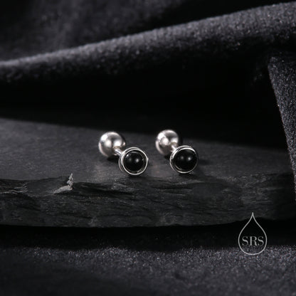 Genuine Black Onyx Internally Threaded Flat Back/ Screw Back / Stud Earrings in Sterling Silver, 3mm Natural Black Onyx Stud