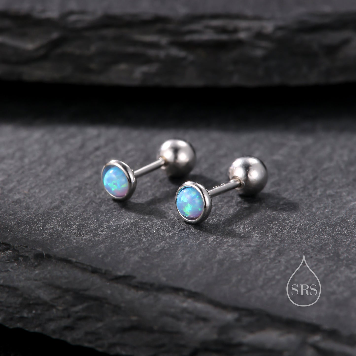 Tiny 3mm Blue Opal Screw Back Earrings in Sterling Silver, Small Opal Stud, Blue Opal Screw Back Earrings, Fire Opal