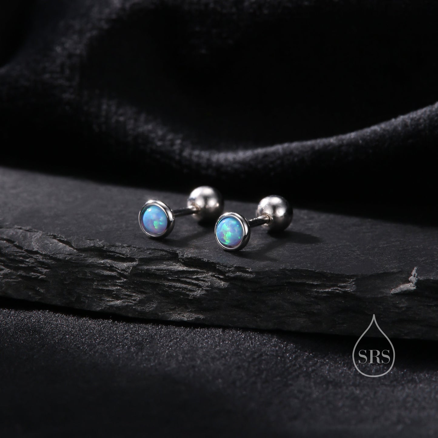 Tiny 3mm Blue Opal Screw Back Earrings in Sterling Silver, Small Opal Stud, Blue Opal Screw Back Earrings, Fire Opal