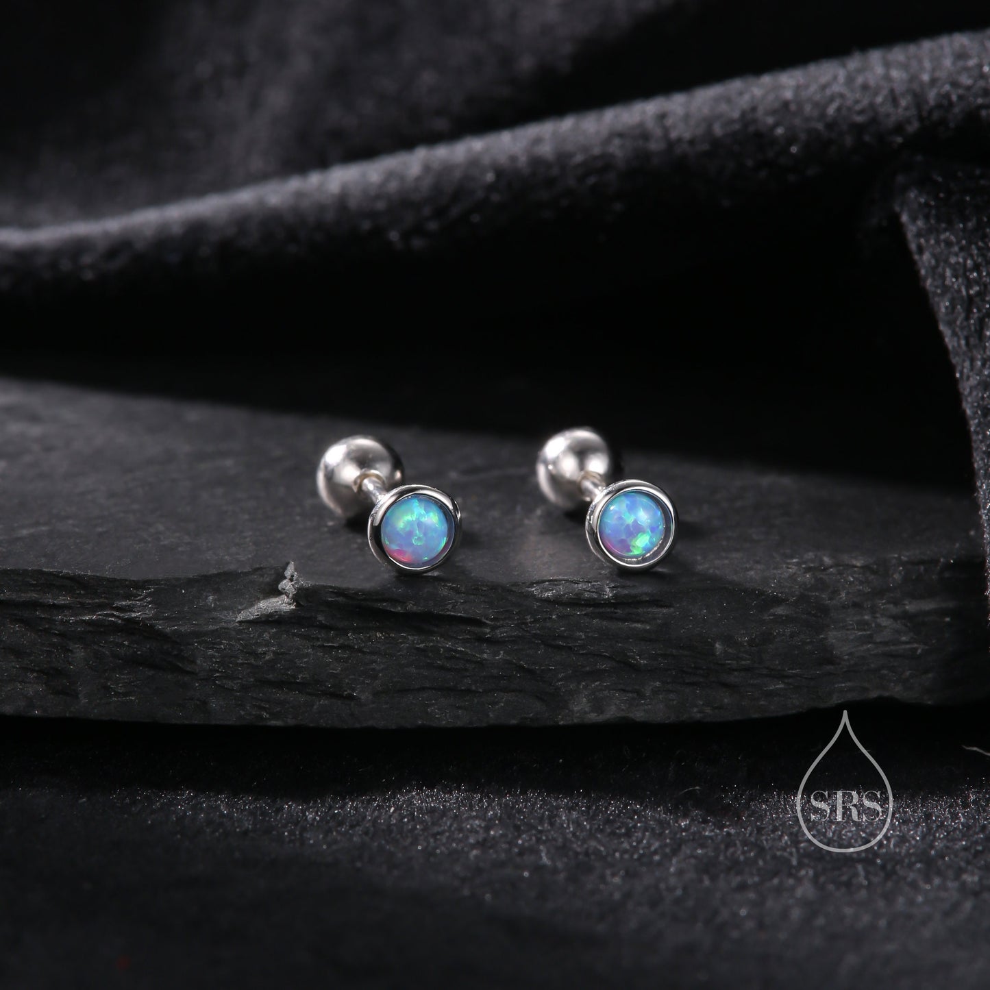 Tiny 3mm Blue Opal Screw Back Earrings in Sterling Silver, Small Opal Stud, Blue Opal Screw Back Earrings, Fire Opal