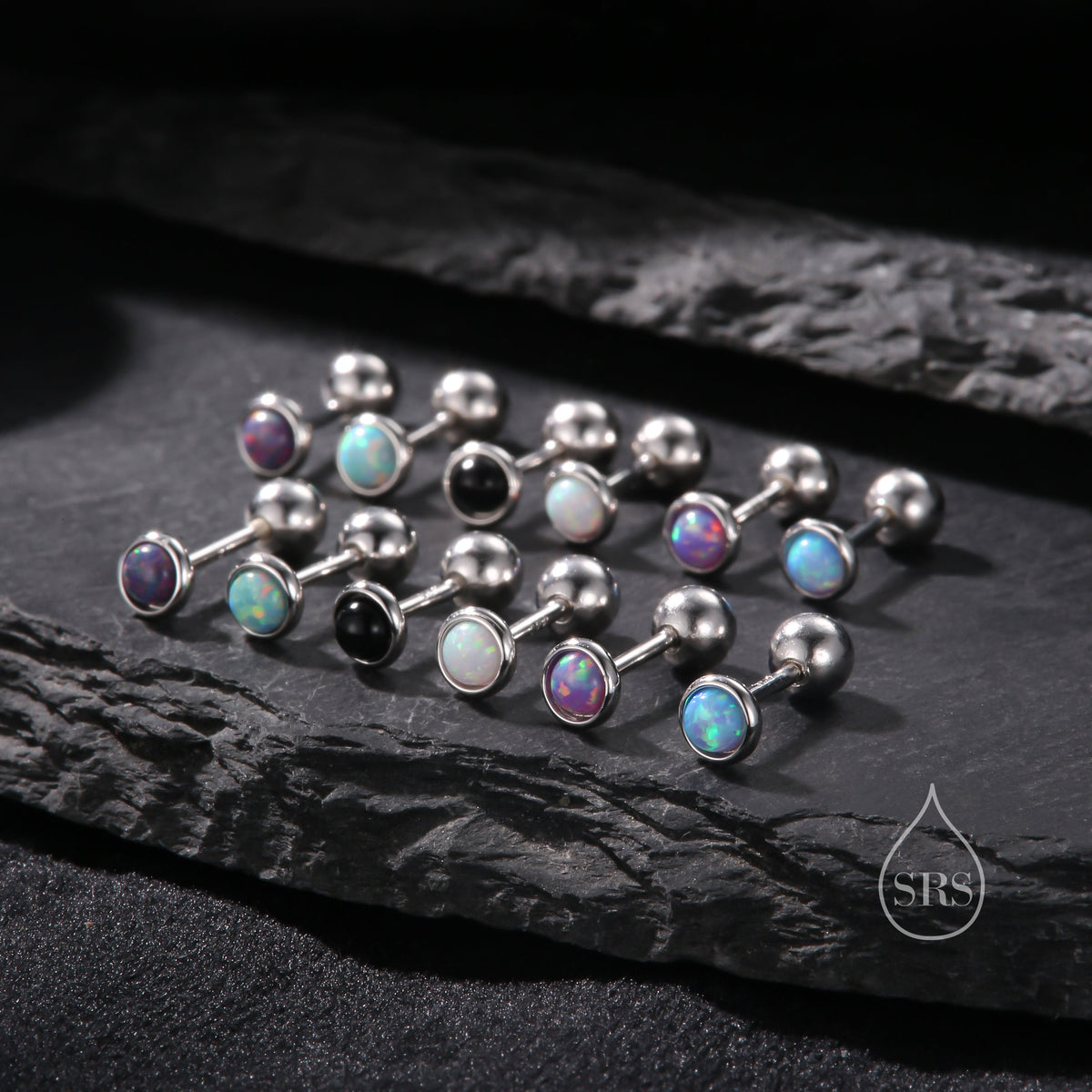 3mm Black Opal Screw Back Earrings in Sterling Silver, Small Opal Stud, Comsic Black Opal Screw Back Earrings, Fire Opal
