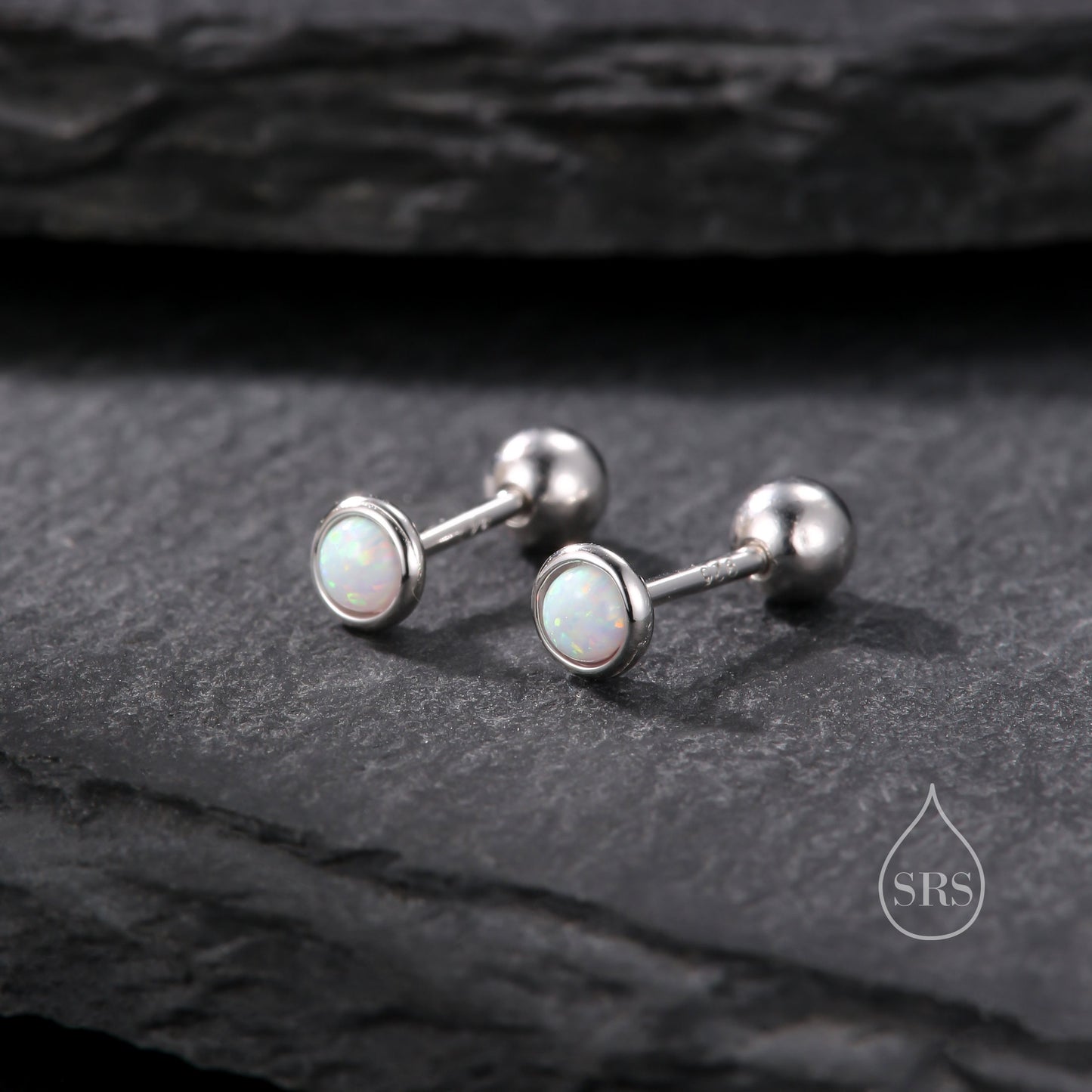Tiny 3mm White Opal Internally Threaded Flat Back/ Screw Back Earrings in Sterling Silver, Small Opal Stud, White Opal Screw Back Earrings