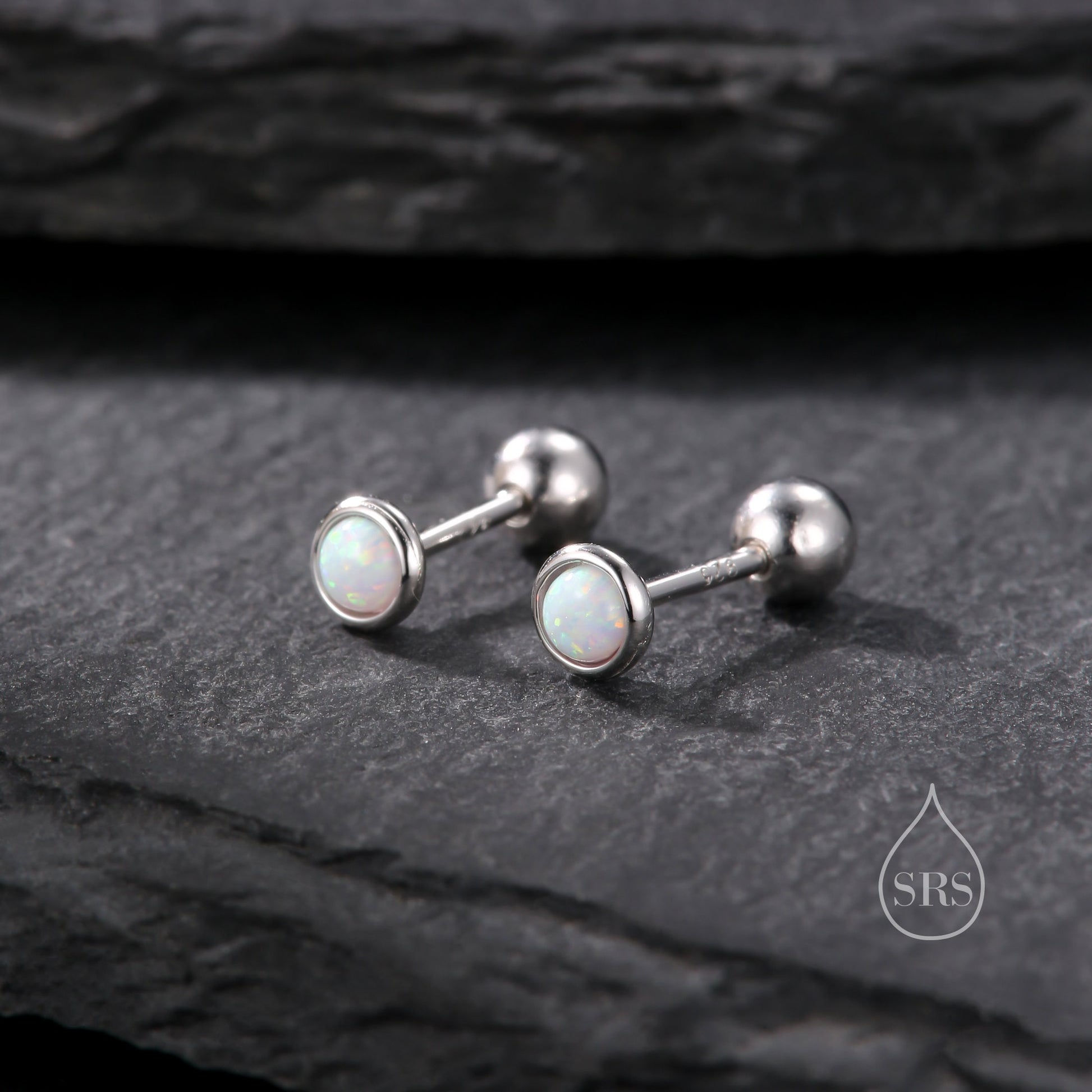Tiny 3mm White Opal Internally Threaded Flat Back/ Screw Back Earrings in Sterling Silver, Small Opal Stud, White Opal Screw Back Earrings