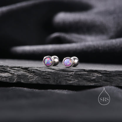 Tiny 3mm Purple Opal Screw Back Earrings in Sterling Silver, Small Opal Stud, Comsic Purple Opal Screw Back Earrings, Fire Opal