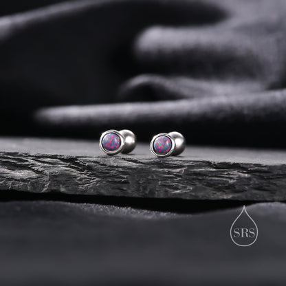 Tiny 3mm Black Opal Screw Back Earrings in Sterling Silver, Small Opal Stud, Comsic Purple Opal Screw Back Earrings, Fire Opal