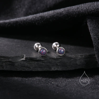 Tiny 3mm Black Opal Screw Back Earrings in Sterling Silver, Small Opal Stud, Comsic Purple Opal Screw Back Earrings, Fire Opal