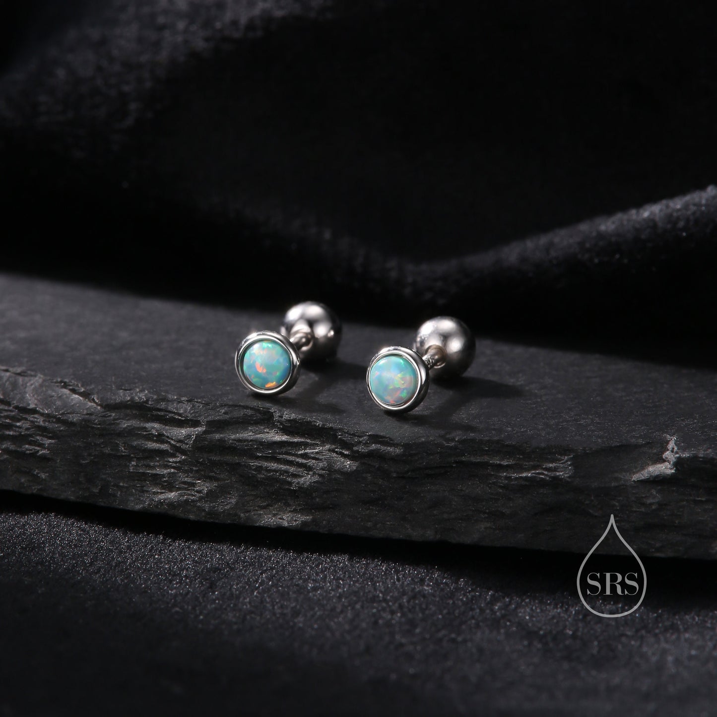 Tiny 3mm Aqua Green Opal Screw Back Earrings in Sterling Silver, Small Opal Stud, Blue Green Opal Screw Back Earrings, Fire Opal