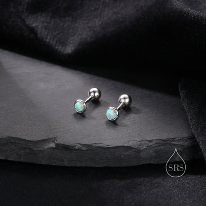 Tiny 3mm Aqua Green Opal Screw Back Earrings in Sterling Silver, Small Opal Stud, Blue Green Opal Screw Back Earrings, Fire Opal