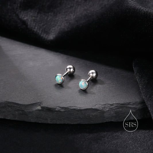 Tiny 3mm Aqua Green Opal Screw Back Earrings in Sterling Silver, Small Opal Stud, Blue Green Opal Screw Back Earrings, Fire Opal