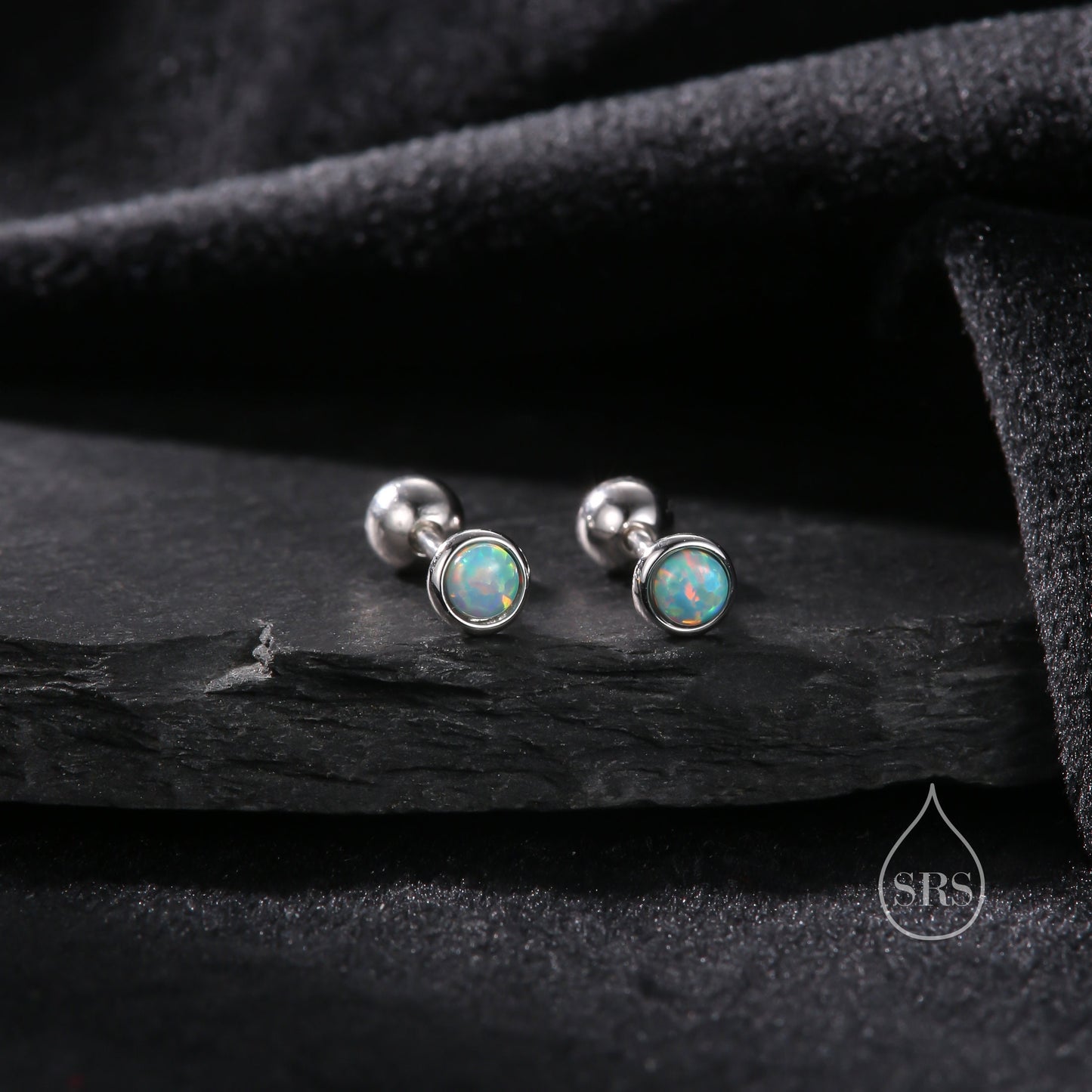 Tiny 3mm Aqua Green Opal Screw Back Earrings in Sterling Silver, Small Opal Stud, Blue Green Opal Screw Back Earrings, Fire Opal