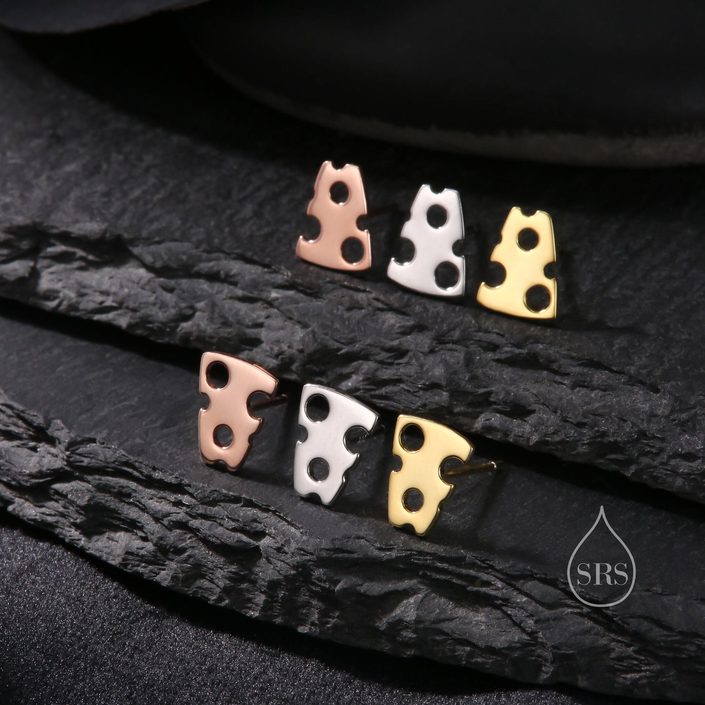 Swiss Cheese Stud Earrings in Sterling Silver,  Silver, Gold or Rose Gold, Cute Fun Quirky  Jewellery, Jewelry Gift for Her