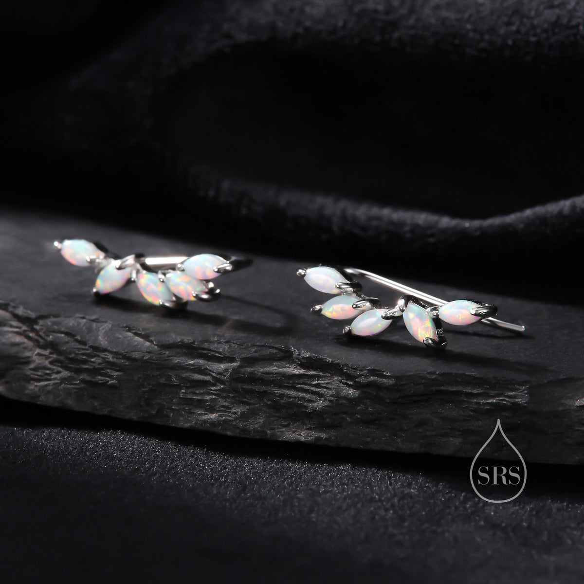 White Opal Marquise Cluster Crawler Earrings in Sterling Silver, Marquise Cluster Ear Climbers, Silver or Gold , Lab Opal Earrings