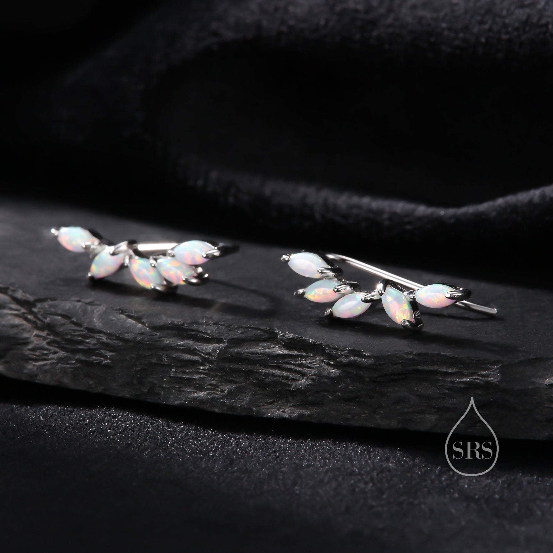 White Opal Marquise Cluster Crawler Earrings in Sterling Silver, Marquise Cluster Ear Climbers, Silver or Gold , Lab Opal Earrings