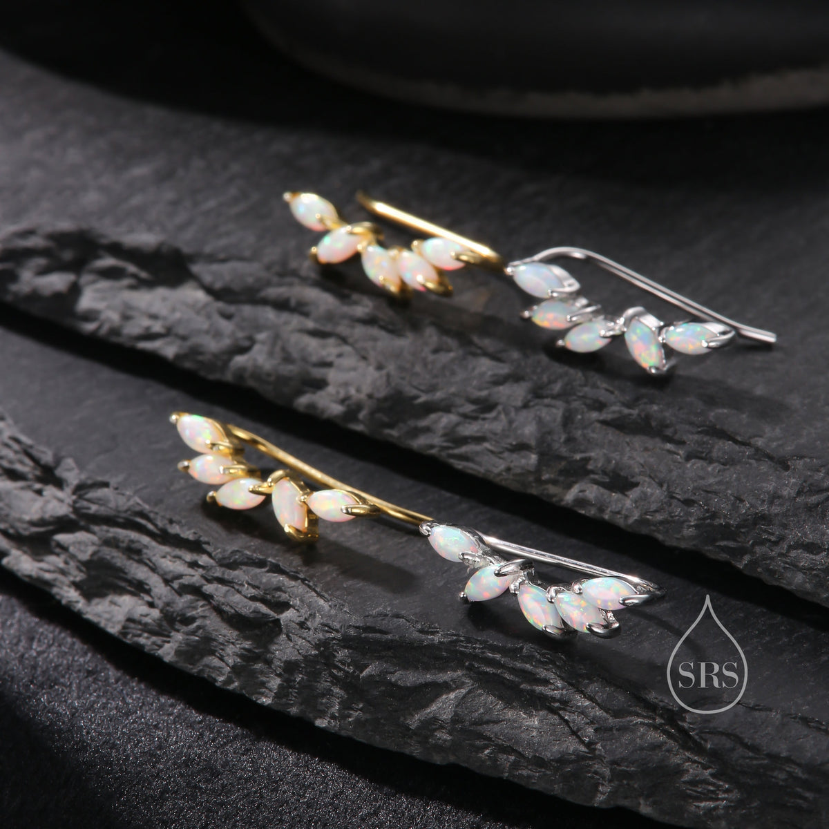 White Opal Marquise Cluster Crawler Earrings in Sterling Silver, Marquise Cluster Ear Climbers, Silver or Gold , Lab Opal Earrings