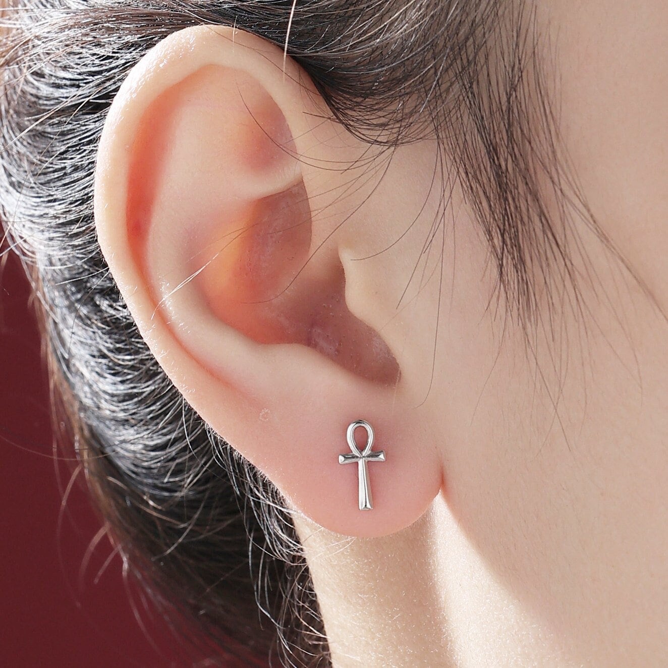 Mismatched Ankh and Eye of Horus Stud Earrings in Sterling Silver, Silver or Gold Finish, Egyptian Hieroglyphics Earrings, Ankh Earrings