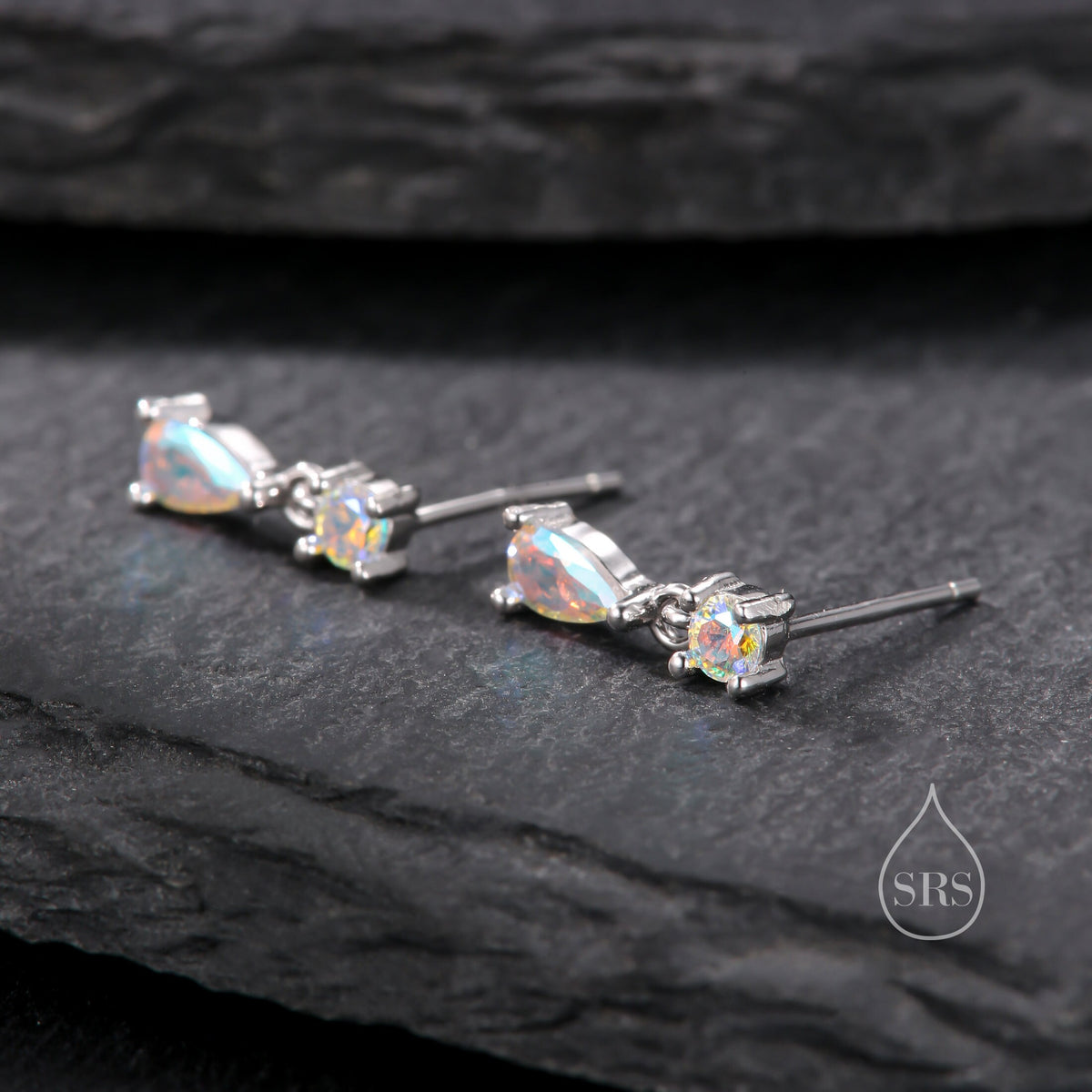 Tiny Aurora CZ Dangle Stud Earrings in Sterling Silver with Round and Droplet CZ, Silver or Gold, Two CZ Prong Set Earrings, Colour Changing