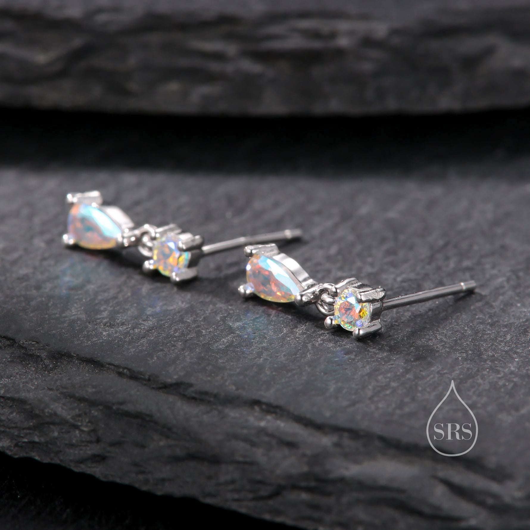 Tiny Aurora CZ Dangle Stud Earrings in Sterling Silver with Round and Droplet CZ, Silver or Gold, Two CZ Prong Set Earrings, Colour Changing