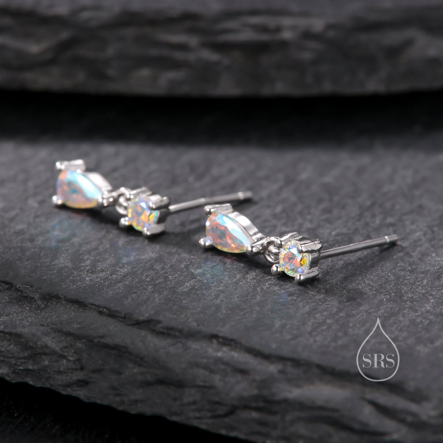 Tiny Aurora CZ Dangle Stud Earrings in Sterling Silver with Round and Droplet CZ, Silver or Gold, Two CZ Prong Set Earrings, Colour Changing