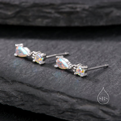 Tiny Aurora CZ Dangle Stud Earrings in Sterling Silver with Round and Droplet CZ, Silver or Gold, Two CZ Prong Set Earrings, Colour Changing