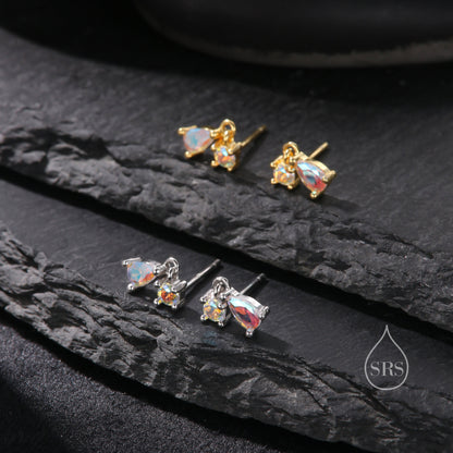 Tiny Aurora CZ Dangle Stud Earrings in Sterling Silver with Round and Droplet CZ, Silver or Gold, Two CZ Prong Set Earrings, Colour Changing