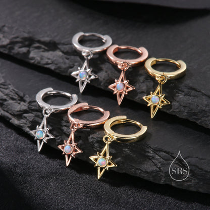 Tiny Opal Starburst Huggie Hoop Earrings in Sterling Silver, Silver, Gold or Rose Gold, North Star Earrings, Sunburst Earrings with Lab Opal