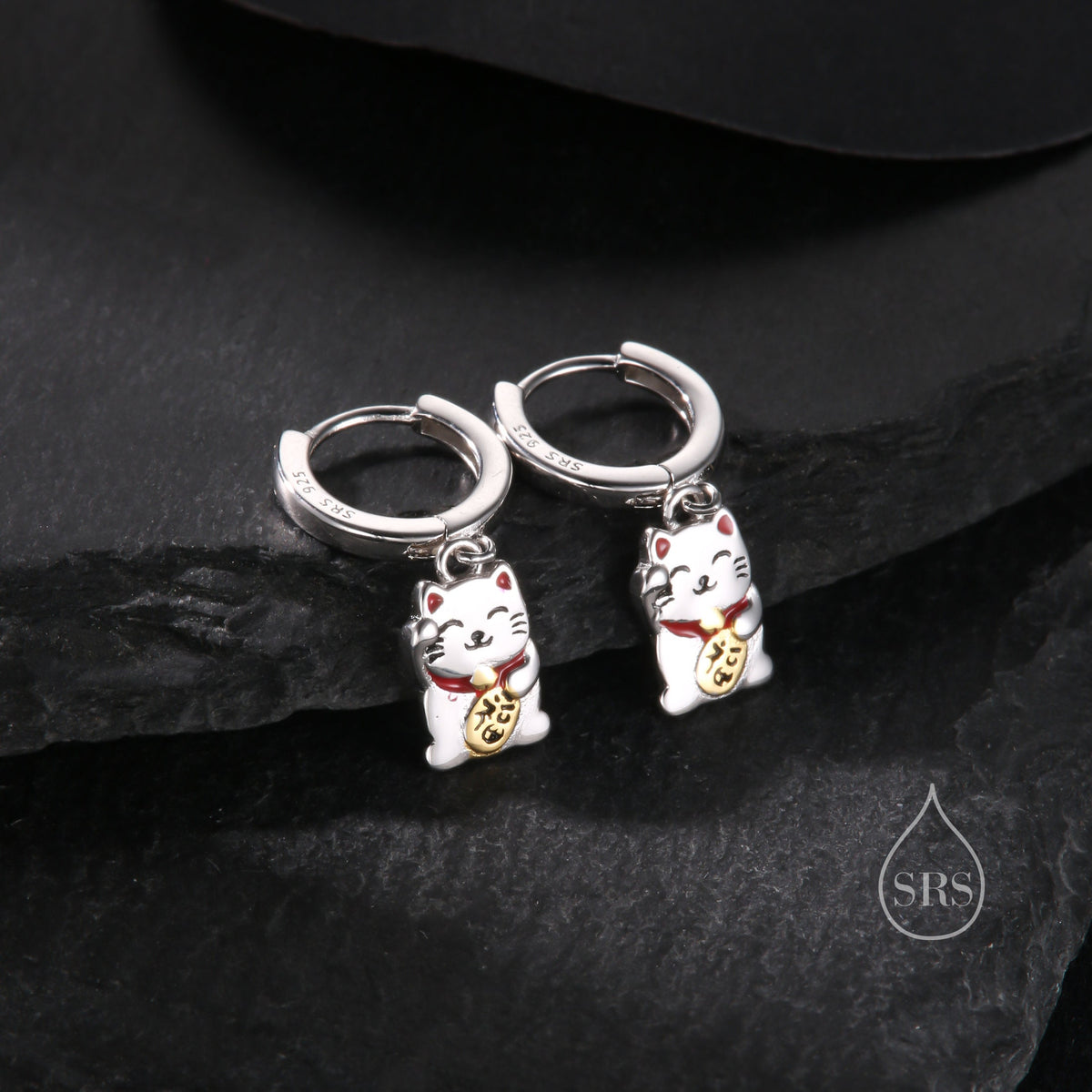 Super Cute Japanese Maneki-neko Cat Huggie Earrings in Sterling Silver - Cute Money Cat, Waving Cat Hoops