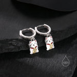 Super Cute Japanese Maneki-neko Cat Huggie Earrings in Sterling Silver - Cute Money Cat, Waving Cat Hoops