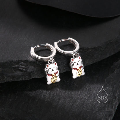 Super Cute Japanese Maneki-neko Cat Huggie Earrings in Sterling Silver -  Cute Money Cat, Waving Cat Hoops