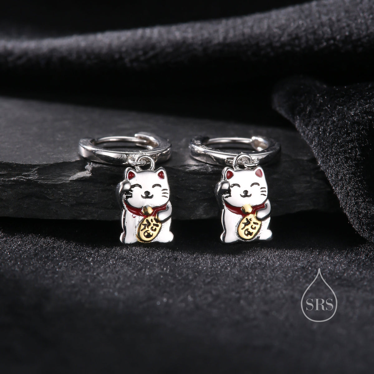 Super Cute Japanese Maneki-neko Cat Huggie Earrings in Sterling Silver - Cute Money Cat, Waving Cat Hoops