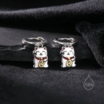 Super Cute Japanese Maneki-neko Cat Huggie Earrings in Sterling Silver - Cute Money Cat, Waving Cat Hoops