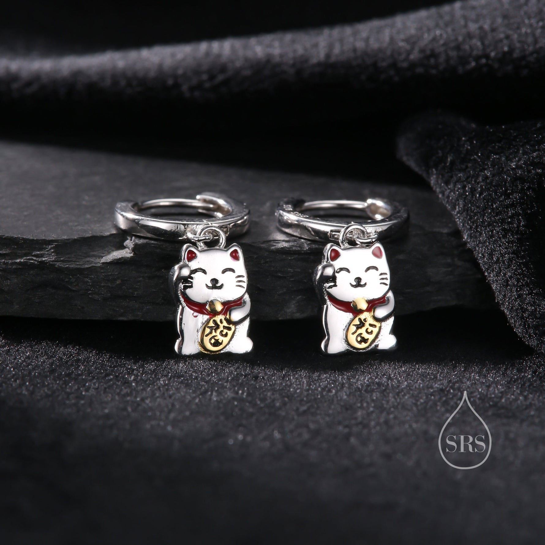 Super Cute Japanese Maneki-neko Cat Huggie Earrings in Sterling Silver - Cute Money Cat, Waving Cat Hoops