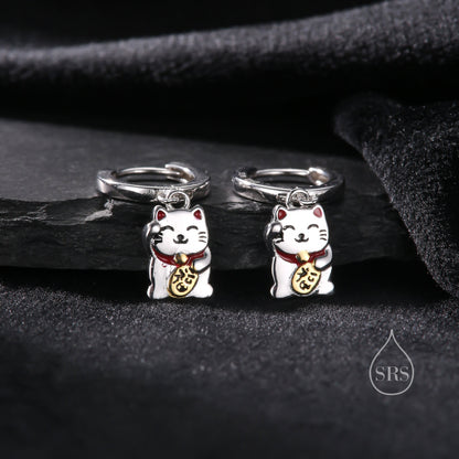 Super Cute Japanese Maneki-neko Cat Huggie Earrings in Sterling Silver -  Cute Money Cat, Waving Cat Hoops