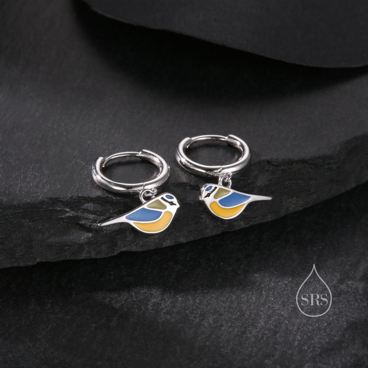 Super Cute Blue Tit Bird Huggie Hoop Earrings in Sterling Silver - Cute Bird Hoop Earrings, Blue Tit Earrings